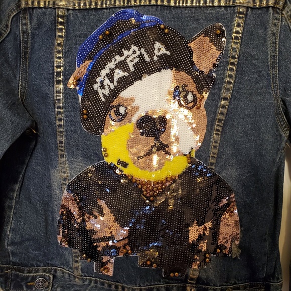 Puppy Mafia sequin jean jacket ripped up w/ studs - Picture 5 of 7